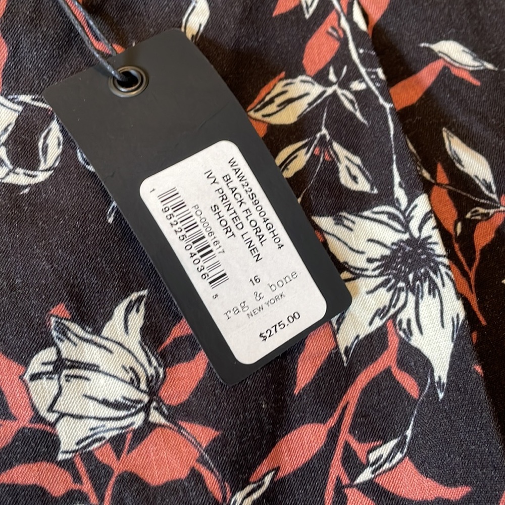 NWT Rag & Bone Black Floral High-Waist Shorts with White & Rust Leaves - Picture 2 of 6